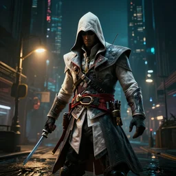 assassin's creed, cyberpunk, cyberpunk city, city, street lights, cinematic lighting,