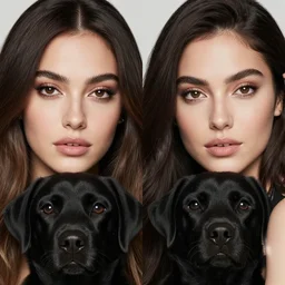 a close up, perfect face of beautiful Estefania Villegas and her black labrador dog , symmetrical, 8K, octane render, 8K,