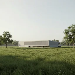 A serene landscape with a singular building in the style of Octane Render.