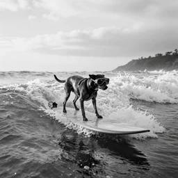a cyborg dog wearing welding goggles surfs a wave in waimea bay on a 1 0 - foot wooden longboard at sunset, black and white film photograph