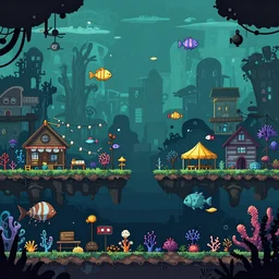 beautiful art for a 2d side scroller game set in a post apocalyptic sea fairing town with lots of coral and fish inspired by night in the woods