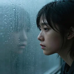 young person looking through water wall, with clear glass, melancholic, sad, lots of raindrops, detailed, cinematic, dramatic lighting
