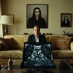 an mri section of james cavell in the living room, film still from the movie directed by denis villeneuve with art direction by salvador dali, wide lens