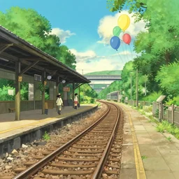a beautiful painting of a train station, railway platform, summer, rail, trees, sunshine, balloons, 4 k wallpaper, very detailed, by hayao miyazaki and ghibli studio