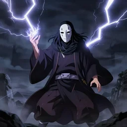 man with a hannya maske mage robe cast a thunderstorm