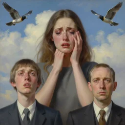 3 d, crying fashion model, sky, birds, poster art, high detail, intricate oil painting, multiple exposure, heaven mood, hyperrealism, 3 d, by rene magritte and stanley kubrick mood and tooth wu and wlop and beeple and greg rutkowski
