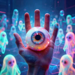 eyeball in palm over glowing fields of infinite quantum ghosts, synthwave, bright neon colors, highly detailed, cinematic, tim white, vladimir kush, philippe druillet, roger dean, bob eggleton, michael whelan, boris vallejo, alfred kelsner, kubrick, jaroslaw jasnikowski