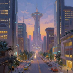 utopian futuristic city streets at dusk, by thomas kinkade,