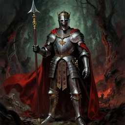 cinematic colorful horror artwork by jean delville, beksinski, bernie wrightson ; ancient knight wearing royal ornamented armor, wielding royal halberd, wearing red cape, full body concept, haunting, brutal scary terrifying, 8 k hdr, creepy intricate ; dramatic lighting, insanely detailed