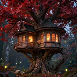 a stunnng victorian big tree house, ultra detailed, warm interior light, red leaves tree, octane render, high definition, fine details, fairy mood, fireflies, 8 k