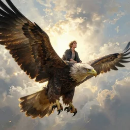 portrait man sitting on giant eagle bird soaring by greg rutkowski, fantasy