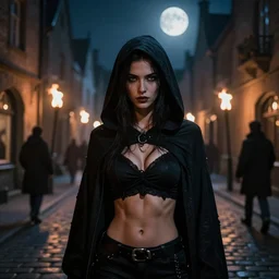 close - up portrait of a mysterious pretty muscled girl fully cloaked thief hanging around a cobbled medieval shopping street, dark night, flickering torches, epic composition, 2 0 0 mm focal length, full moon, donato giancola, tim hildebrandt, wayne barlow, bruce pennington, larry elmore