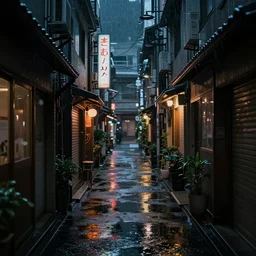 quiet tokyo alley at night, raining, dim volumetric lighting, 8 k octane render, hdr, postprocessing, hyperdetailed, intricate, epic composition, cinematic lighting, masterpiece, trending on artstation, stunning artwork by anders zorn, extraordinary art by greg rutkowski