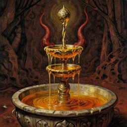 fountain of honey in hell, oil painting by tomasz jedruszek, cinematic lighting, pen and ink, intricate line, hd, 4 k, million of likes, trending on artstation