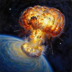 Impressionist painting of Starship Voyager exploding in orbit of a planet