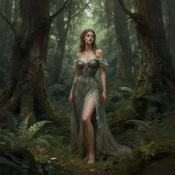 a queen of the forest, with beautiful woman body, lost in the forest, detailed digital art by greg rutkowski.