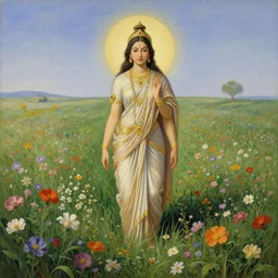 hindu goddess in distance looking at you in beautiful meadow of flower, detailed painting by rene magritte