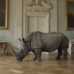 a rhinoceros in a neoclassical room, by mini dv camera, very low quality, heavy grain, blurry caught on trail cam
