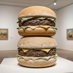 stacked stone sculpture of a hamburger by Devin Devine. gallery photograph, indoor lighting