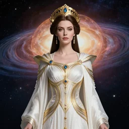 portrait of the powerful empress of the solar system in the style of anna dittmann and in the style of wenjun lin. glowing, ornate and intricate linework, stunning, dynamic lighting, ultrafine and hyperdetailed.