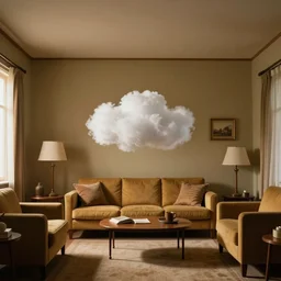 a small cloud hovering in the middle of a retro 1970s living room