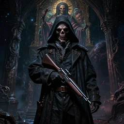 a portrait of a plague doctor gunslinger in the abyss of deep space, photorealistic, detailed photography, divinity, awful, cosmic horror, religious art