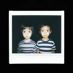 polaroid photo :: creepy twin boys wearing striped clothes, black background:: by Martine Johanna and Simon Stålenhag and Chie Yoshii and Casey Weldon and Guillermo del toro :: ornate, dynamic, particulate, intricate, elegant, highly detailed, centered, artstation, smooth, sharp focus, octane render, 3d