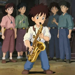 a film still of a 1 9 5 0's cute boy plays on saxophone beautiful colours japan anime cartoon style high detailed, finely detailed features, full body shot, perfect art,, gapmoe yandere grimdark, painted by gaston bussiere, makoto shinkai, akihiko yoshida, gaston bussiere, craig mullins, studio ghibli