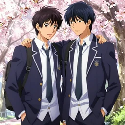 boy's love anime high school spring noon scene, high detail concept art, perfect proportions fine face, tall handsome guys, close together romantic undertones, avant designer uniform, vivid colors, realistic shaded lighting poster fantasy art ilya kuvshinov, kyoani, clamp, jeremy lipking and michael germash, makoto shinkai, loish, best selling artist