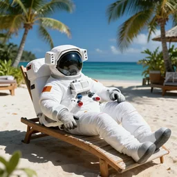 an astronaut lounging in a tropical resort in space in a photorealistic style