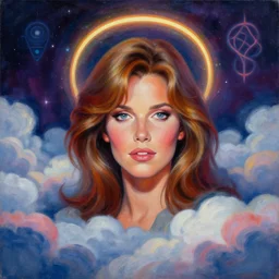 portrait of olivia newton - john 1 9 7 8 surrounded by clouds by mandy jurgens, cartoon, oil painting, visionary art, magic symbols, holy halo above head, neon ambient lighting, high detail, dark vibrant color