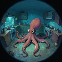 deep shadows, fisheye spiral lines, naive, extra narrow, detailed illustration of a kitchen, large floor, octopus shaped by rhads from lorax movie, trending artstation, underwater