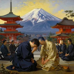depressed man and buddhahood, elegant, classical, by fernando botero, by ambrosius benson, a touch of ( ( giuseppe arcimboldo ) ), realistic, zoomed out, epic composition, discovering japan, ceremony, temple, dojo, mountain fuji