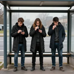 3 people standing at a bus stop using drugs