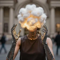 realistic photo of a a blurred pose of a human with very long hands made of wires, and the head made of fluffy furry fur spiky cotton pads, emitting aura 1 9 6 0, life magazine photo, natural colors, metropolitan museum, kodak, 8 k, very detailed, high resolution, product photo,