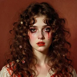 a beautiful but sinister girl in layers of fear, with haunted eyes and curly hair, 1 9 7 0 s, seventies, delicate embellishments, a little blood, crimson, painterly, offset printing technique, by jules bastien - lepage, mary jane ansell