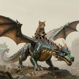 Cat riding on the back of a huge dragon, Trending on Artstation, detailed