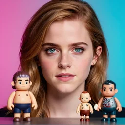 emma watson vs emma stone, focused, mugshots, photoshoot, sharp details, face photo, face details sharp, by donato giancola and greg rutkowski and wayne barlow and zdzisław beksinski, eyeballs, product photography, action figure, sofubi, studio lighting, colored gels, colored background,