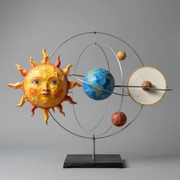 a kinetic sculpture of this solar system, sun, orrery, canon 5 d 5 0 mm lens, papier - mache, studio, circa 1 9 9 9