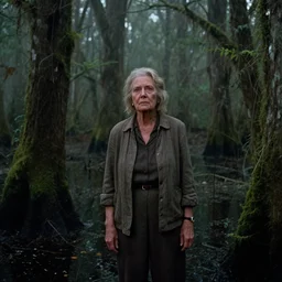 a 1 9 6 0 s movie still of an elder woman in swamp with heavy burning forest backround, mossy, by night, cinestill 8 0 0 t 3 5 mm, heavy grain, high quality, noir, natural textures, photorealistic, ambient occlusion, hd, fog, criterion collection