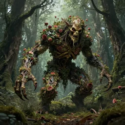 a shambling being made of rose bushes, a lurking hulk in the forest. lovecraft giger fantasy horror monster, ron spencer, carl critchlow