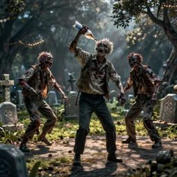 hyper realistic photography of drunk dancing zombie in graveyard