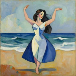 woman dancing for joy by the seashore, abstract art in the style of cubism and georgia o keefe