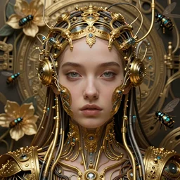 very beautiful woman integrating with technology, full face frontal centered, portrait, insipiring, detailed intricate ornate cables connected to head, big open electric eyes, luxurious detailed abundent wiring and implants, gold, golden, renaissance, sci - fi, detailed technology background with cyber flowers and insects, dramatic lighting, photography, highly detailed, artstation, 8 k,