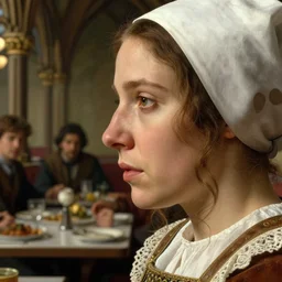 closeup profile medieval jan van eyck face portrait of a waitress in a 1 9 5 0 s diner, nicoletta ceccoli, mark ryden, lostfish, hyung tae, frank frazetta, depth of field, detailed and intricate gothic environment, 8 k resolution, hyperrealistic, octane render