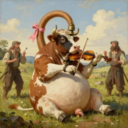 painting of a big fat cow with a long curved neck. it's neck has a bell attached with a pink ribbon. it's fore udder lay on the ground as the cow is in sit position. the cow is playing violin with it's front legs. the scene is in a medieval styled field with three peasants spitting on the cow's face.