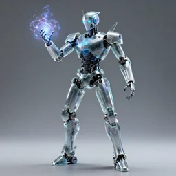 a portrait of robot magician in glass armor releasing spell, full height, moving forward, concept art, trending on artstation, highly detailed, intricate, sharp focus, digital art, 8 k
