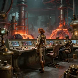 a woman in a steampunk retrofuturistic control center for an industrial lava factory, by syd mead and norman rockwell. highly detailed digital art. retrofuturism. steampunk. beautiful lighting. trending on artstation.