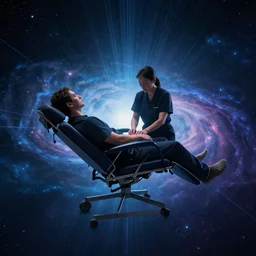 community acupuncture recliner chair and person receiving acupuncture, floating in space, galactic background with cosmic rays, chill, dramatic lighting
