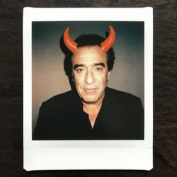 a polaroid of danny devito as the devil, red horns